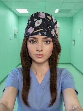 Handmade Scrub Cap/ Nurse Hat with Medical Equipment Scattered Throughout.